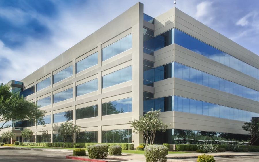 Low-rise Northern California office building with landscaped frontage
